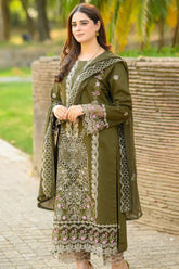 LIBAAS - 3PC KARANDI EMBROIDERED SHIRT WITH KARANDI EMBROIDERED SHAWL AND TROUSER - HZU2462